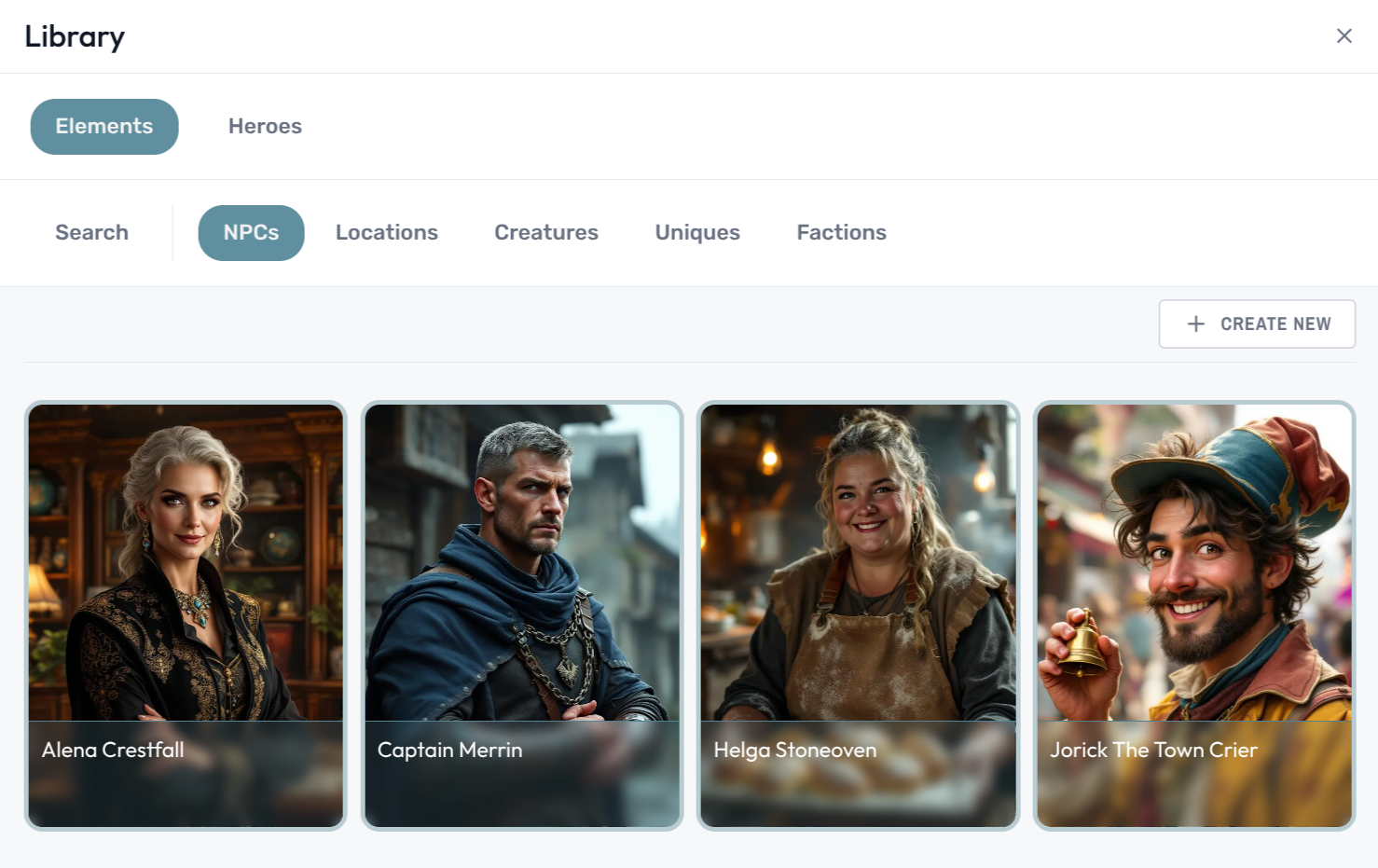 Campaign library showing grid of AI-generated NPC portraits and locations