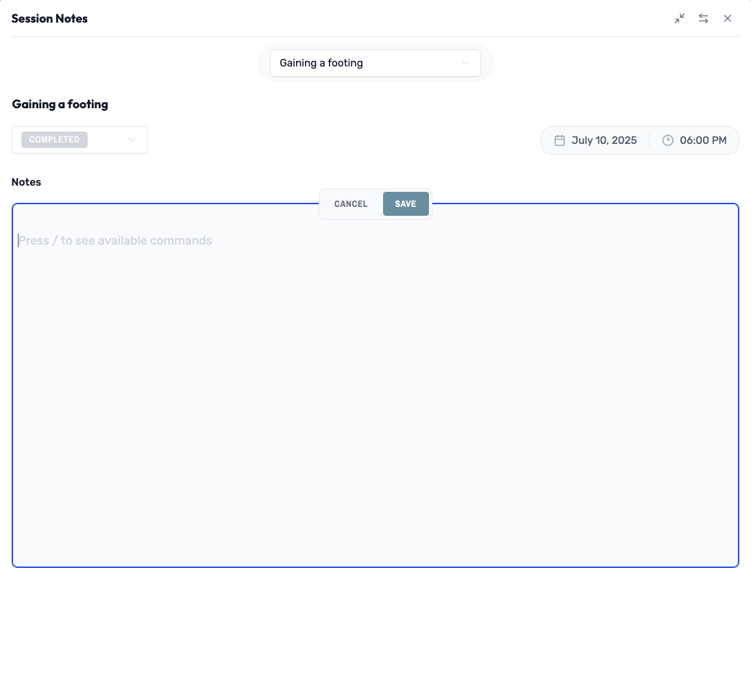 Session notes interface for tracking campaign progress